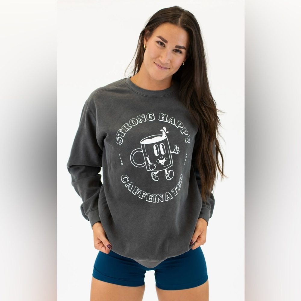 NWT FLEO Canvas Crewneck "STRONG HAPPY CAFFEINATED" Sweatshirt pepper size M